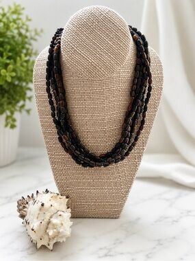 Multi Strand Brown Beaded Statement Necklace Wood Look Coastal Boho Tribal